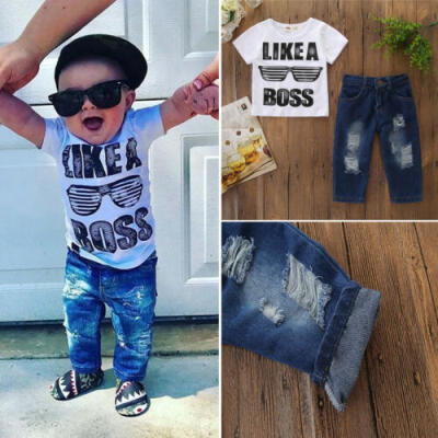 

Canis Boys T-shirtRipped Denim Pants 2PCS Outfits Summer Toddler Kids Clothes