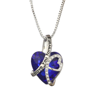 

925 Sterling Silver I Love You Forever Crystal Heart Pendant Necklace For Woman Blue Rainbow Crystal Choker Necklace