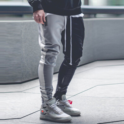 

Gobestart Mens Long Color Block Street Patchwork Zippers Elastic Casual Pencil Pants