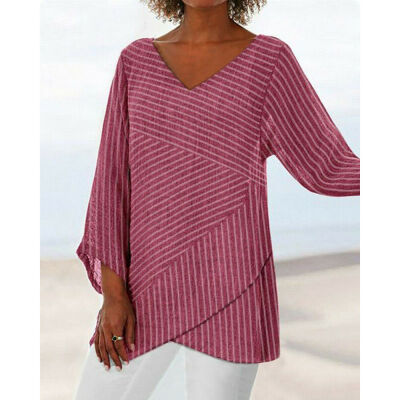 

Womens Striped V Neck Blouses Loose Baggy Tops Tunic T Shirts Plus Size