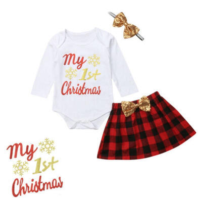 

My 1st Christmas Newborn Baby Girls Clothes Romper Plaids Skirts Headband Set