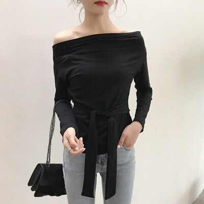 

Women Off Shoulder Long Sleeve Blouse Jumper Casual Autumn Belt Tops T-shirt