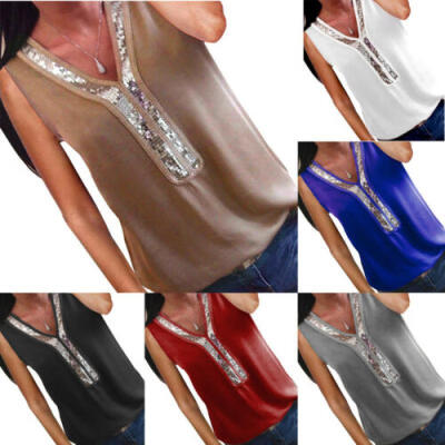 

Women Chiffon Loose Vest Tops T Shirt Ladies Summer Casual V Neck Sequin Blouse