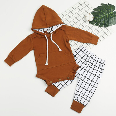 

Newborn Baby Girls Boys Outfits Clothes Hooded Romper JumpsuitPlaid Pants Set