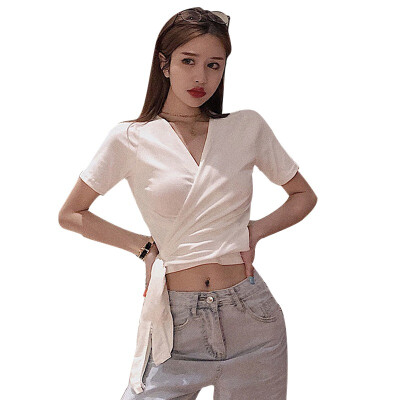 

Women Short Sleeve T-shirt Sexy Backless Summer Crop Tops Fashion V-Neck Lace Up T Shirt