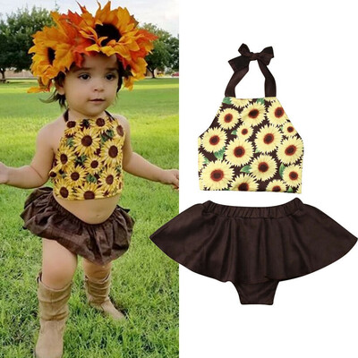 

Sunflower Newborn Kid Baby Girl Clothes Halter TopsSolid Shorts Skirt Outfit