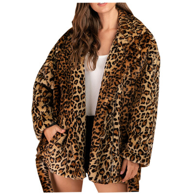 

Toponeto Women Fashion Leopard Faux Fur Outwear Cardigan Loose Hooded Pocket Coat