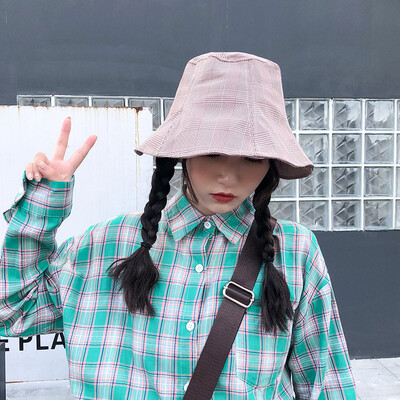 

Chic Hat Female Summer Personality Chequered Pot Hat Korean Edition Simple Cold Wind Fisherman Hat Student Couple Sunshade Cap