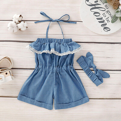 

Baby Girls Kids Toddler Denim Sleeveless Lace Jumpsuit Romper Headband Clothes