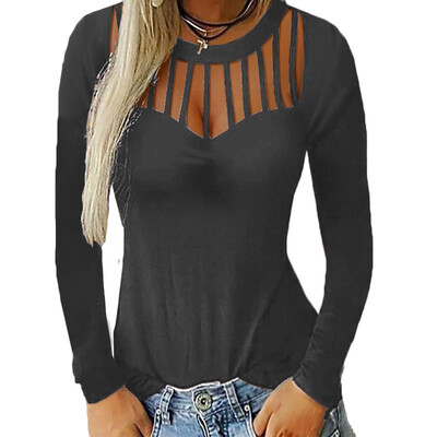 

Womens Hollow Out Long Sleeve Blouse Tee Ladies Casual Slim Fit Tops T-Shirt