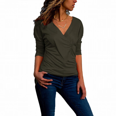 

Solid color V-neck long-sleeved slim T-shirt casual simple womens shirt