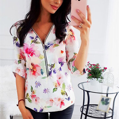 

Women Floral Long Sleeve Zipper V Neck Blouse Top Ladies Casual OL Work T Shirt