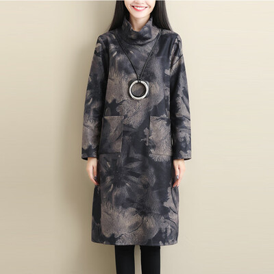 

Tailored Vintage Women Dress Floral Printed With Pockets Long-Sleeve Turtleneck Winter