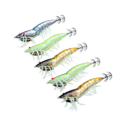 

Lixada 5pcs 12cm21g Noctilucent Fishing Shrimp Lure Prawn Squid Bait Hard Artificial Fishing Set with Squid Jigs Hook Lead Weight