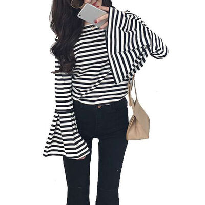 

Women Ladies Summer Striped T shirt Long Sleeve Casual Shirts Tops Flare Sleeve Slim Autumn Women Clothing T-shirt -2XL