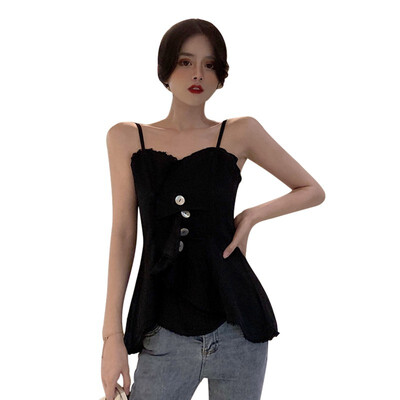 

Ladies Fashion Sleeveless Button Ruffles Women Solid Color Sexy V-Neck Camisole