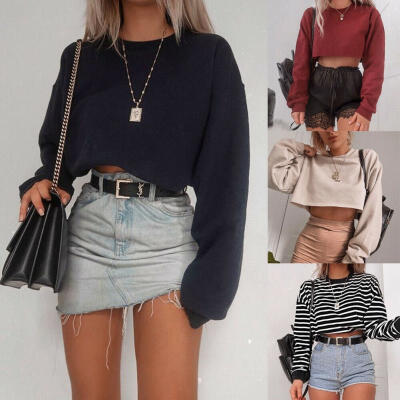 

Fashion Long Sleeve Stripe Slim Womens Casual Crop Top Short T Shirt Blouse