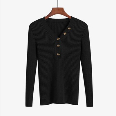 

New Fashion Button V-neck Sweater Women Spring Autumn Solid Knitted Pullover Women Slim Soft Jumper Sweater Female Knit Tops