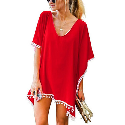 

Roseonmyhand Womens Pom Pom Trim Kaftan Chiffon Swimwear Beach Loose Bikini Cover Up