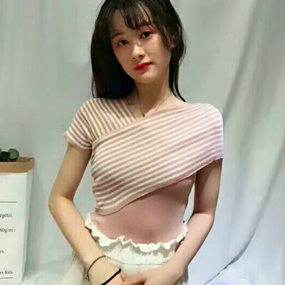 

Women Sexy Summer Harajuku Tshirt Fashion Short Sleeve Striped Print Knitted T-Shirt