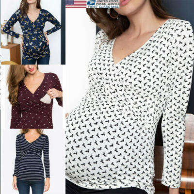 

US Women Maternity Clothes Breastfeeding T-shirt Long Sleeve Cotton Nursing Tops