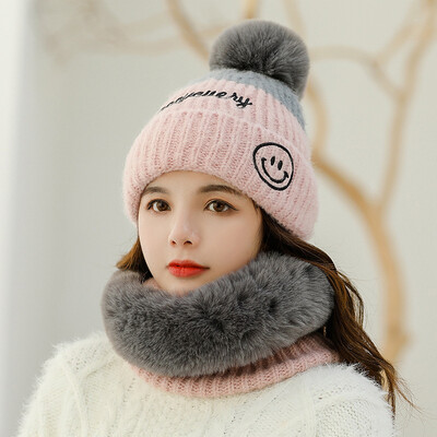 

2019 AutumnWinter Ladies Color Knitted Hairline Hat Neck Set Smiley Letter Warm Sleeve Head Ear Hat