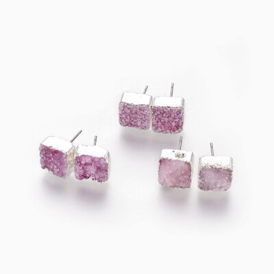 

Natural Dyed Druzy Quartz Stud Earrings with Stainless Steel Findings Square Silver PaleVioletRed 10x10x610mm Pin 07mm