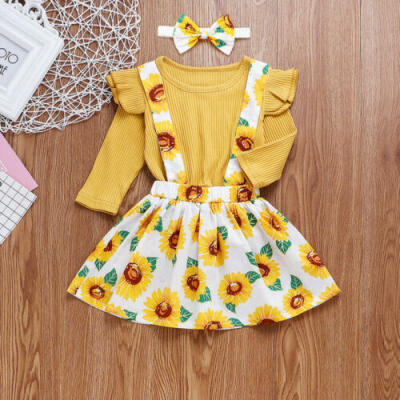 

Newborn Baby Girl Clothes Knitted TopsSunflower Bib SkirtHeadband Outfits Set