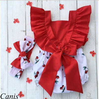 

US 2Pcs Newborn Baby Girl Ruffle Cherry Adjustable Romper Bodysuit Outfit Summer