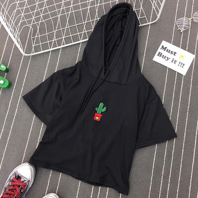 

Women Summer Harajuku Tshirt Hooded Embroidered Loose Short Sleeve Casual T-Shirt Simple Wild Tops camiseta mujer Black White