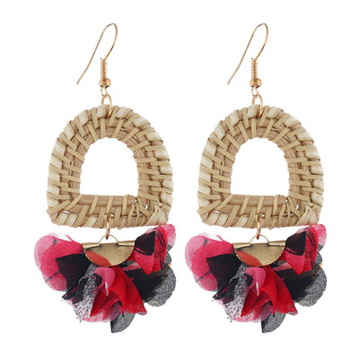 

Lady D Shaped Half Round Tulle Flower Rattan Woven Drop Statement Hook Earrings