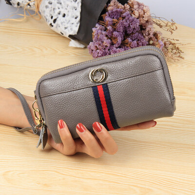

2019 new cowhide leather European&American fashion mobile phone bag double zipper ladies clutch bag purse handbag