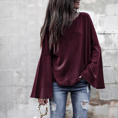 

Tailored Women Ladies Autumn WinterSlim Solid O-Neck Long Flare Sleeve Blouse Tops Shirt