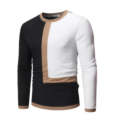 

Autumn Winter  Shape Double Stitching Color Round Neck Long Sleeve Mens T-Shirt Pullover Tee Top