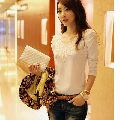 

New Long-sleeved Lace Bottoming T-shirt Women O-Neck Slim T-shirt White
