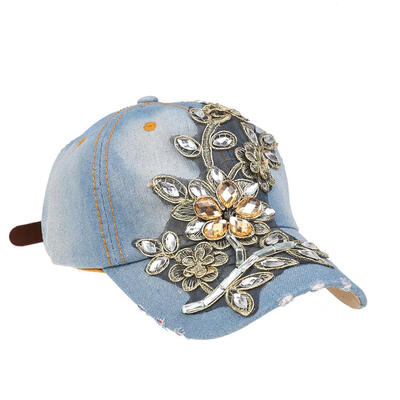 

Women Baseball Cap Full Crystal Flower Denim Bling Rhinestone Snapback Cap