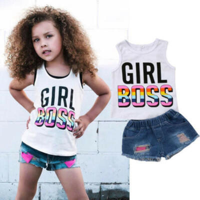 

For Kid Baby Girls Summer T-shirt Vest TopsShort Denim Jean Pants Casual Outfit