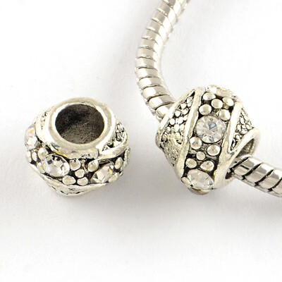 

Barrel Antique Silver Plated Metal Alloy Rhinestone European Beads Large Hole Beads Crystal 1011x9mm Hole 5mm