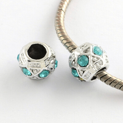 

Alloy Rhinestone Rondelle Large Hole European Beads Silver Aquamarine 11x9mm Hole 5mm