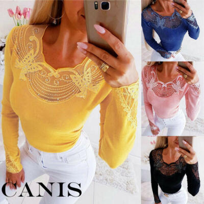 

Fashion Women Butterfly Beaded V Neck Blouse T-Shirt Long Sleeve Fit Slim Tops