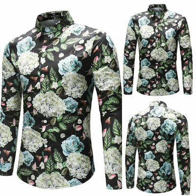 

Mens Floral Button Down Hawaiian Long Sleeve Casual Slim Fit Shirt Tops
