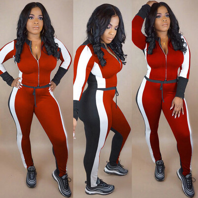 

Women Two Piece Tracksuit Color Block Long Sleeve Crop Top Sweatshirt Slim Pants Sportswear Fitness Set Suits Burgundy