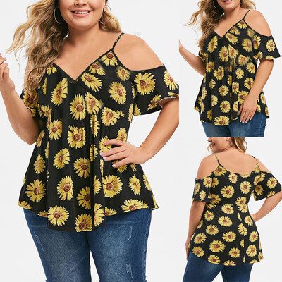 

Roseonmyhand Womens Plus Size Casual V-neck Flower Print Sling Strapless T-shirt Top