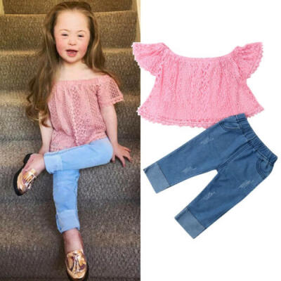 

Kleinkind Kinder Baby Mädchen Sommer Kleidung Tops Lace Shirt Denim Hosen Outfit