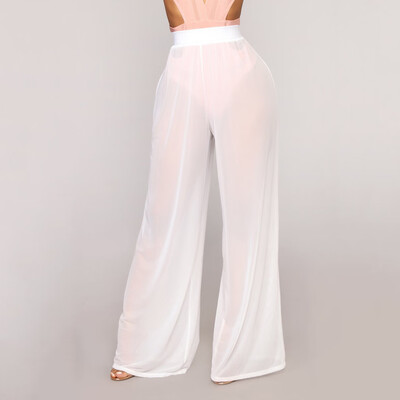 

Tailored Womens Solid Color Mesh Trousers Sexy Perspective Wide Leg Pants