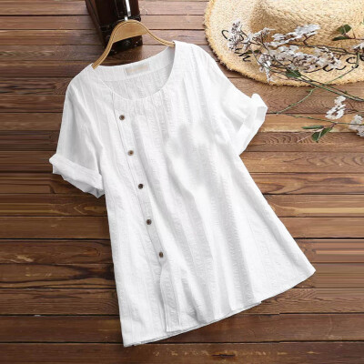 

Starmoon Women Loose Solid Color Cotton&Linen O-Neck Short Sleeve T-Shirt Blouse