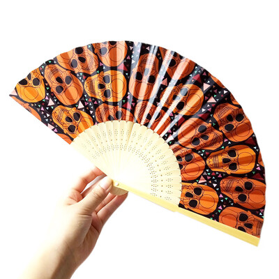

〖Follure〗Halloween Pumpkin skull spider witch Hand Carved Bamboo Folding Fan Style Wooden