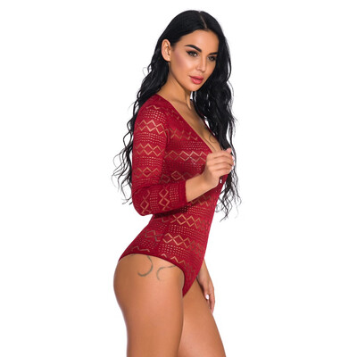 

Toponeto Women Sexy V-Neck Lace Button Lingerie Jumpsuit Long Sleeve Bodysuit Sleepwear