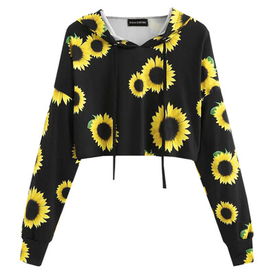 

Women Fashion Sunflower Print Crop Hoodie Long Sleeve Tops Sweatshirts