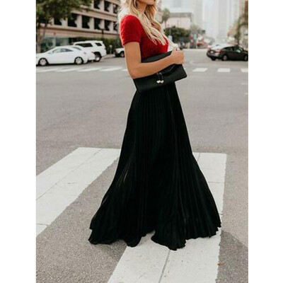 

Womens High Waist Pleated Long Maxi Skirt Full Length A-Line Swing Sun Dress